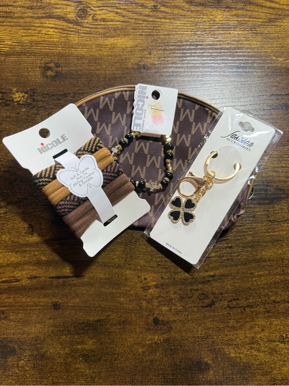 Nicole Brown Patterned Hair Tie & Accessory Set with Gold Clover Keychain